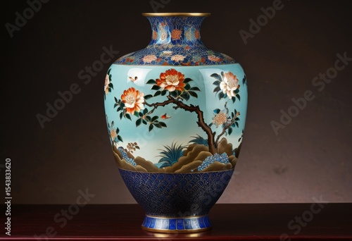 On the table there is a vase with a painting on it