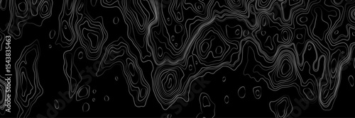 Abstract black and white topographic map illustration in vector style, showing contour lines, curves, and mountain ranges. Seamless pattern inspired by physical geography and terrain relief.