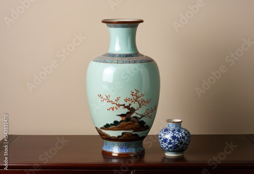 There is a vase and a small vase on the table
