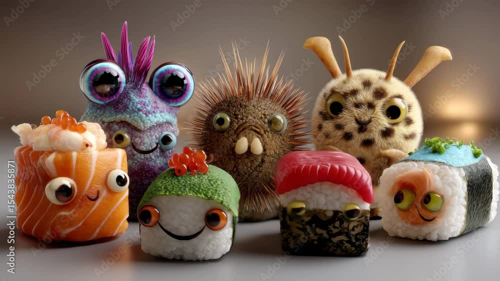 A group of funny sushi with animated faces and various decorations including fish, caviar, greenery and colorful elements standing on a gray surface A group of funny sushi with animated faces and various decorations including fish, caviar, greenery and colorful elements standing on a gray surface