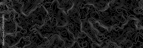 Abstract black and white topographic map illustration in vector style, showing contour lines, curves, and mountain ranges. Seamless pattern inspired by physical geography and terrain relief.