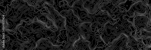 Abstract black and white topographic map illustration in vector style, showing contour lines, curves, and mountain ranges. Seamless pattern inspired by physical geography and terrain relief.