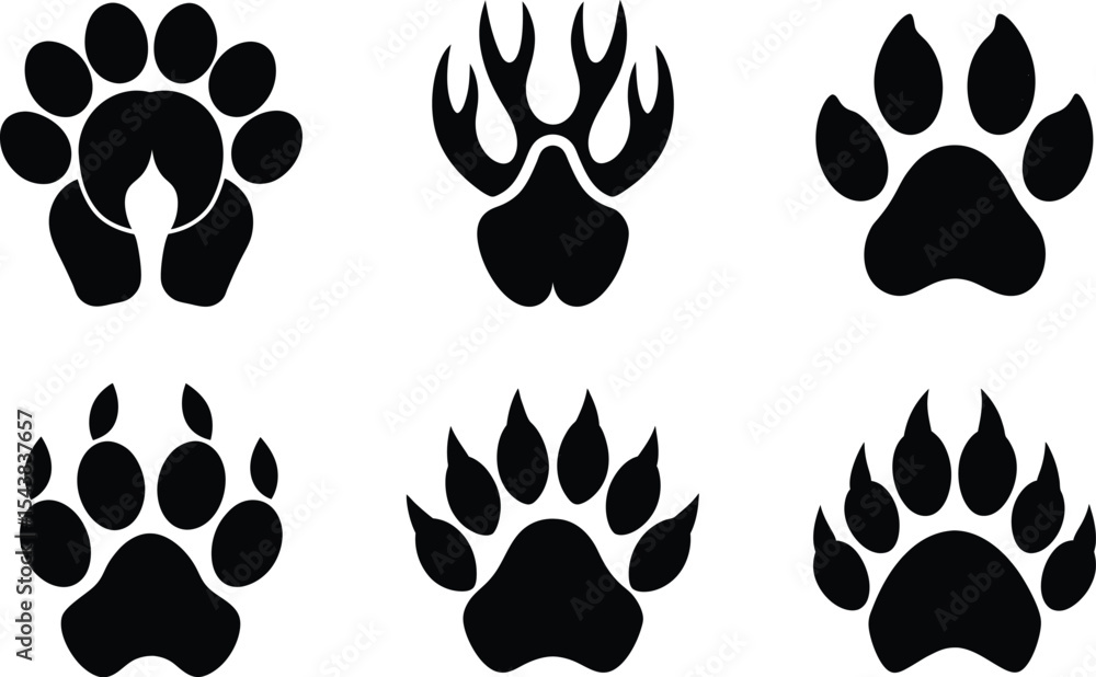 Fototapeta premium Seamless vector pattern of black animal paw prints and silhouettes for design