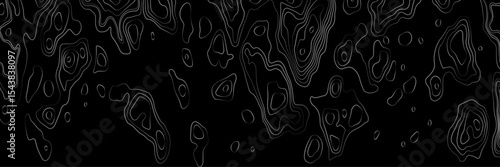 Abstract black and white topographic map illustration in vector style, showing contour lines, curves, and mountain ranges. Seamless pattern inspired by physical geography and terrain relief.
