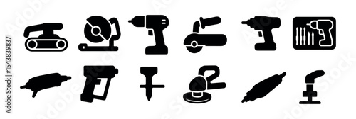 Power tools solid icon set. drill, saw, sander, grinder, tool icons solid collection