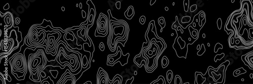 Abstract black and white topographic map illustration in vector style, showing contour lines, curves, and mountain ranges. Seamless pattern inspired by physical geography and terrain relief.