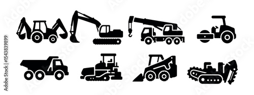 Construction vehicles silhouette icon set: bulldozer, excavator, crane, roller, loader