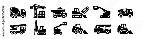 Construction vehicles silhouette icon set. machinery, equipment, tools, heavy-duty icons