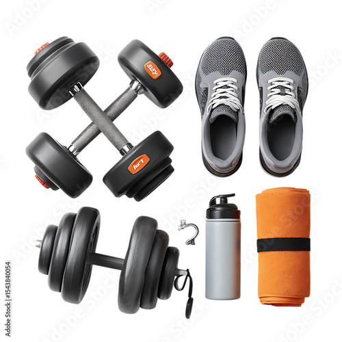 Fitness equipment flat lay, dumbbells, shoes, water bottle, towel.