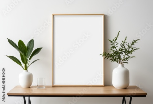 On the table is a picture frame with two vases and a plant