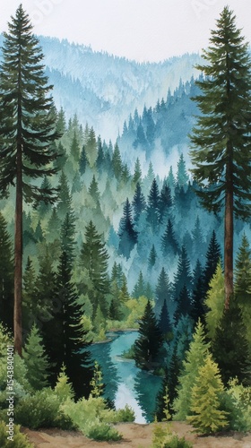 Misty Mountain River  Watercolor Landscape Painting of Coniferous Forest