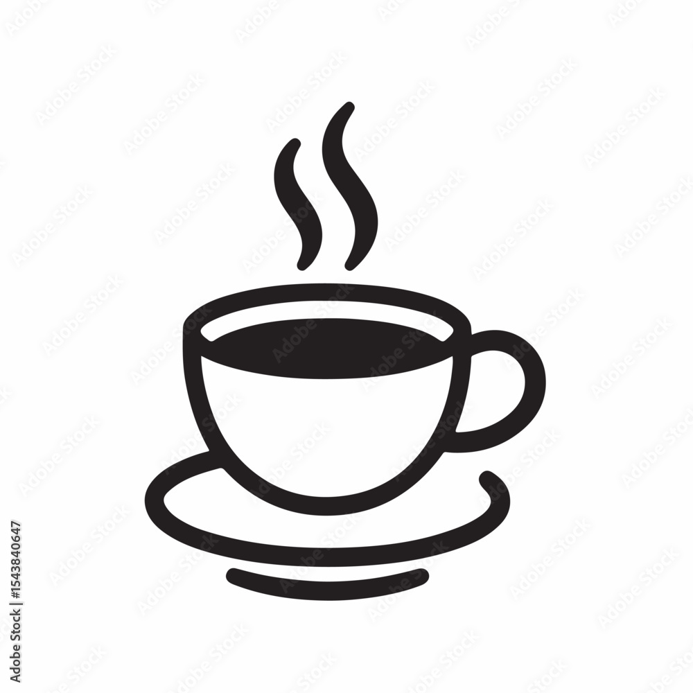 Fototapeta premium A stylized black and white vector icon of a coffee cup with steam rising from it, resting on a saucer.
