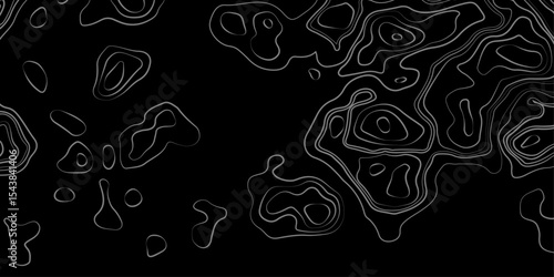 Abstract black and white topographic map illustration in vector style, showing contour lines, curves, and mountain ranges. Seamless pattern inspired by physical geography and terrain relief.