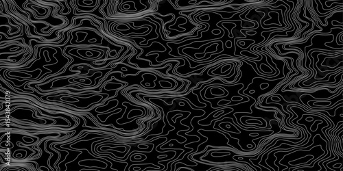 Abstract black and white topographic map illustration in vector style, showing contour lines, curves, and mountain ranges. Seamless pattern inspired by physical geography and terrain relief.