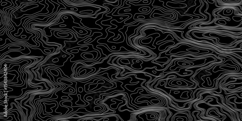 Abstract black and white topographic map illustration in vector style, showing contour lines, curves, and mountain ranges. Seamless pattern inspired by physical geography and terrain relief.