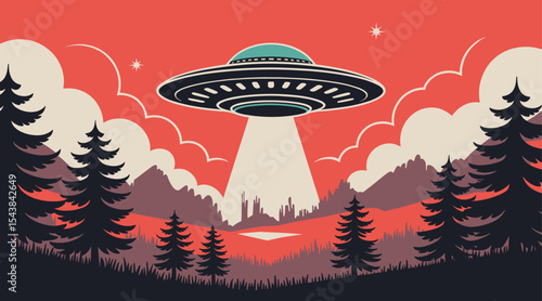 Retro Style Vector Illustration Flying Saucer Over Red Landscape Silhouette Mountains Pine Trees