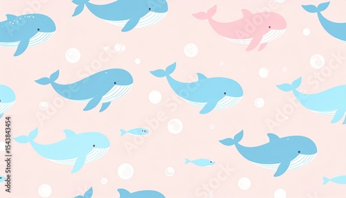 Cute abstract whales and fish in a bubble flow design with soft pastel hues, perfect for marine-themed projects.