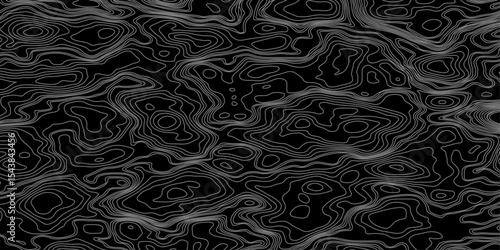 Abstract black and white topographic map illustration in vector style, showing contour lines, curves, and mountain ranges. Seamless pattern inspired by physical geography and terrain relief.
