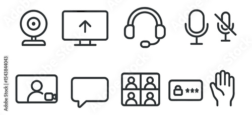 Video communication icon set. essentials for meetings in modern line style