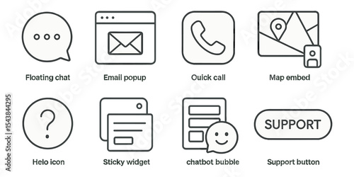 Communication, support line icon set. chat, email, call, map icons outline collection