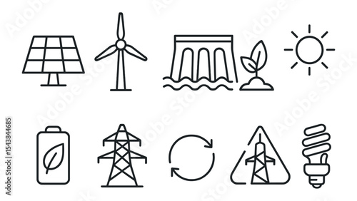Renewable energy outline icon set. solar, wind, hydro, eco-friendly symbols collection