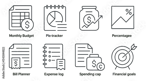 Finance budget outline icon set. planning, expenses, savings, money management icons