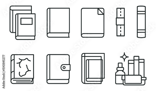 Book and journal outline icon set. notebook, organizer, stationary linear collection