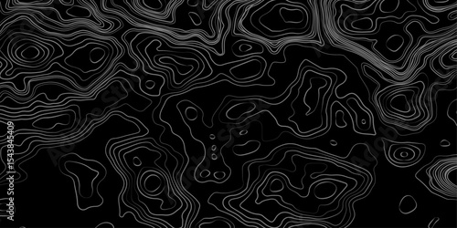 Abstract black and white topographic map illustration in vector style, showing contour lines, curves, and mountain ranges. Seamless pattern inspired by physical geography and terrain relief.