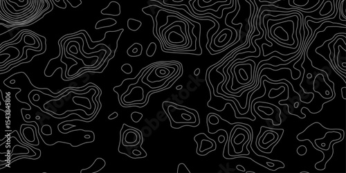 Abstract black and white topographic map illustration in vector style, showing contour lines, curves, and mountain ranges. Seamless pattern inspired by physical geography and terrain relief.