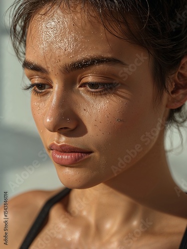 Close up of a woman with sweat on her face and chest looking down with soft lighting and dark hair
