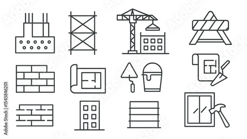 Construction and architecture outline icon set. tools, building, blueprint symbols collection