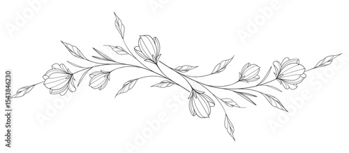 flower and leaves drawing. Vector hand drawn engraved floral card. Botanical, branch and flower Black ink sketch. Great for tattoo, invitations, greeting cards, decor