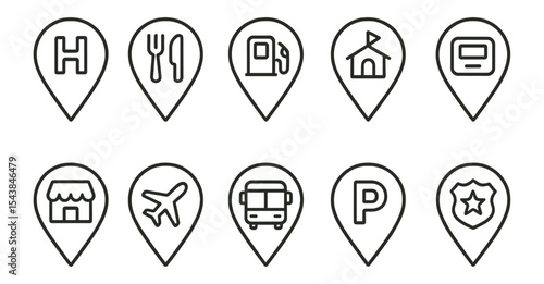 Travel and navigation outline icon set featuring transportation and food symbols
