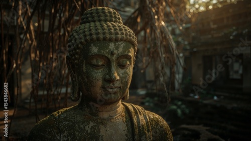 Wallpaper Mural Close up of a weathered buddha statue with a serene expression in a lush outdoor setting Torontodigital.ca