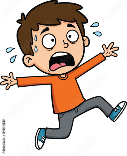 Scared Little Cartoon Boy Running Away in Panic, Sweating and Frightened, Child Character Expressing Fear and Alarm, Kid's Terrified Reaction, Danger and Anxiety Concept.