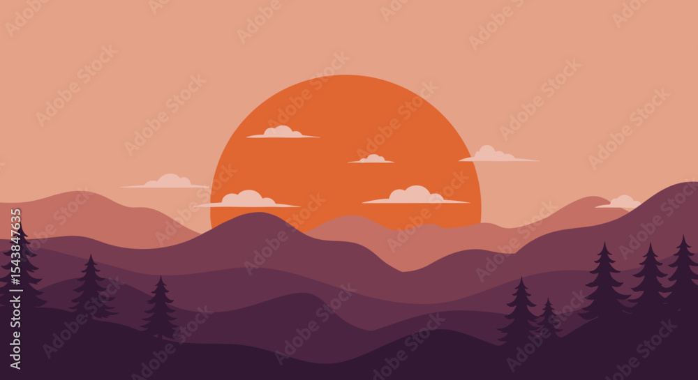 Obraz premium Layered mountains at sunset with a large orange sun and clouds for calm home decor and nature themed projects