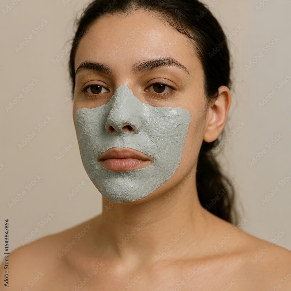 Woman with clay face mask applied to T-zone and cheeks, showcasing skincare routine focused on pore cleansing and oil control. Woman with clay face mask applied to T-zone and cheeks, showcasing skincare routine focused on pore cleansing and oil control.