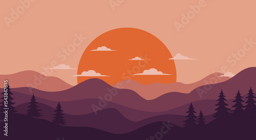 Layered mountains at sunset with a large orange sun and clouds  for calm home decor and nature themed projects