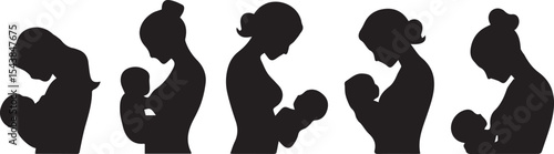 Breastfeeding Silhouette Collection Mothers Nurturing Babies in Various Positions Black and White