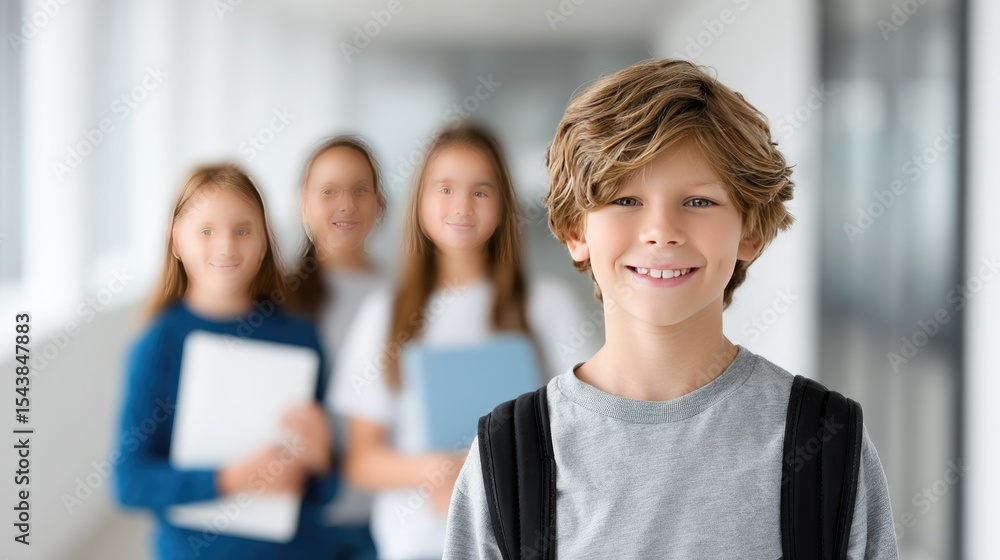 Happy school boy with friends holding books and backpacks on the way to school in natural lighting with a blurred background Happy school boy with friends holding books and backpacks on the way to school in natural lighting with a blurred background