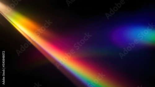 Blurred rainbow refraction overlay effect. Light lens prism effect on black background. Holographic reflection, crystal flare leak shadow overlay. Colorful rainbow disco ball light