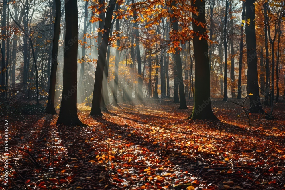 Obraz premium Autumn forest filled with orange, red, and yellow leaves, sunlight casting long shadows through the trees