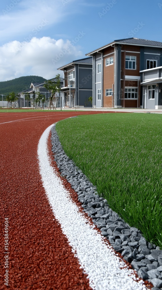 Fototapeta premium Training on a modern red running track at a high school sports field with buildings in the background under a clear blue sky