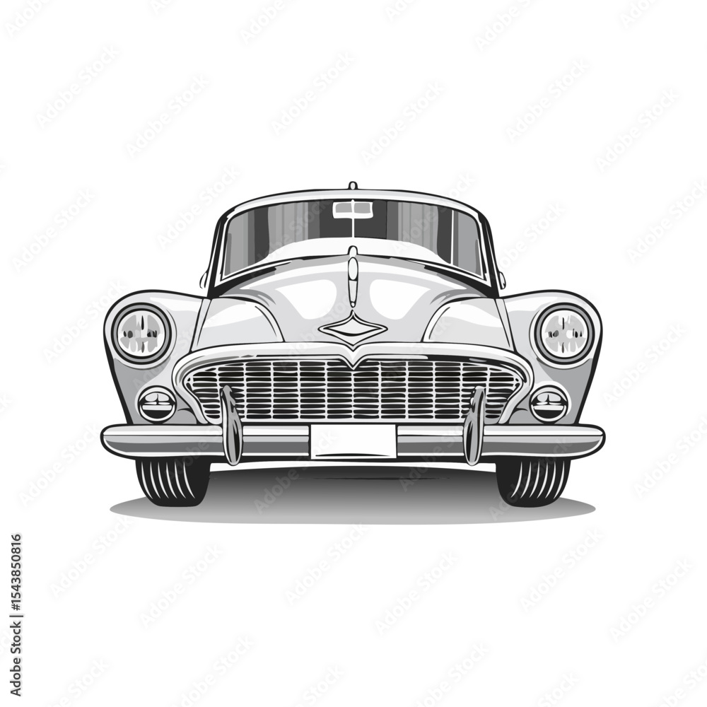 Obraz premium Vintage Car Illustration Classic Automobile Design Front View Vector in Grayscale