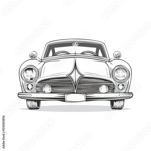 Vintage car vector illustration front view, retro automobile design in monochrome style, classic vehicle outline