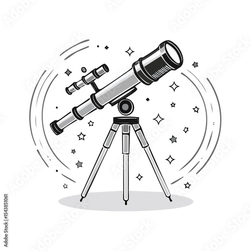 Telescope observing night sky full of stars. Scientific exploration for astronomy and education. Space discovery and optical instrument illustration.
