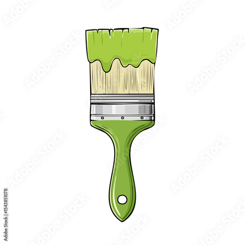 Illustration of a paint brush with green paint dripping on black background Artistic tool for painter or decorator, painting equipment symbol