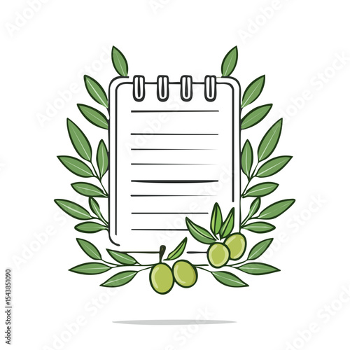 Notepad with olive branches and olives, blank paper for text, botanical illustration