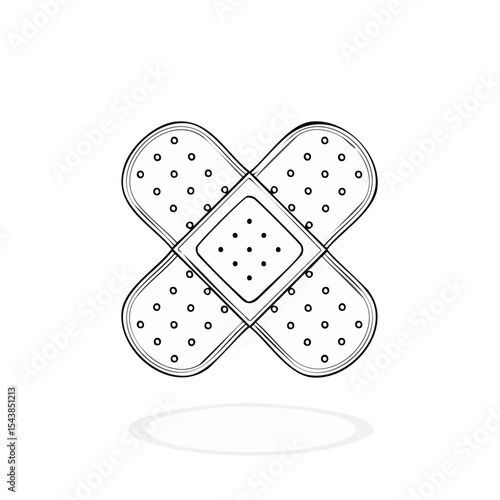 Bandage plaster illustration in a cross shape on a black background for medical care and wound healing concept.