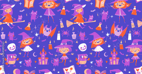 Cute Seamless Halloween Pattern with Witches, Cats, and Potions Purple Cartoon Doodle Style